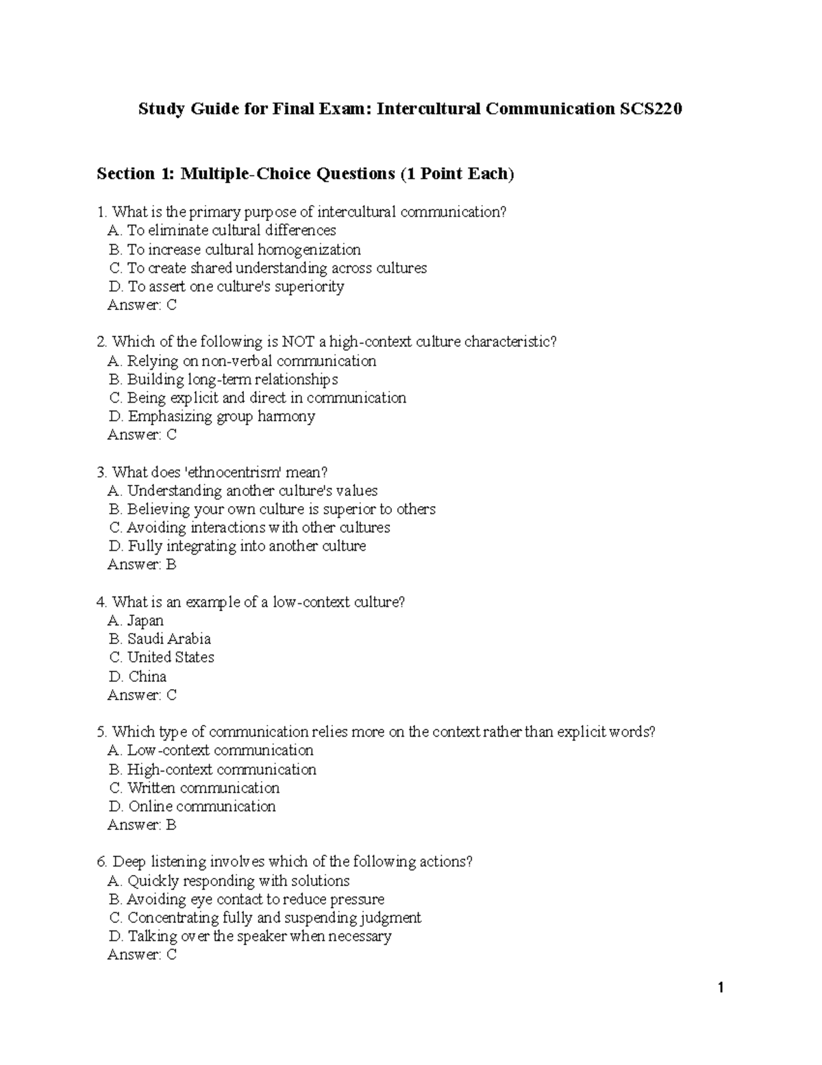 Study Guide for Final Exam: Intercultural Communication SCS220 - To ...