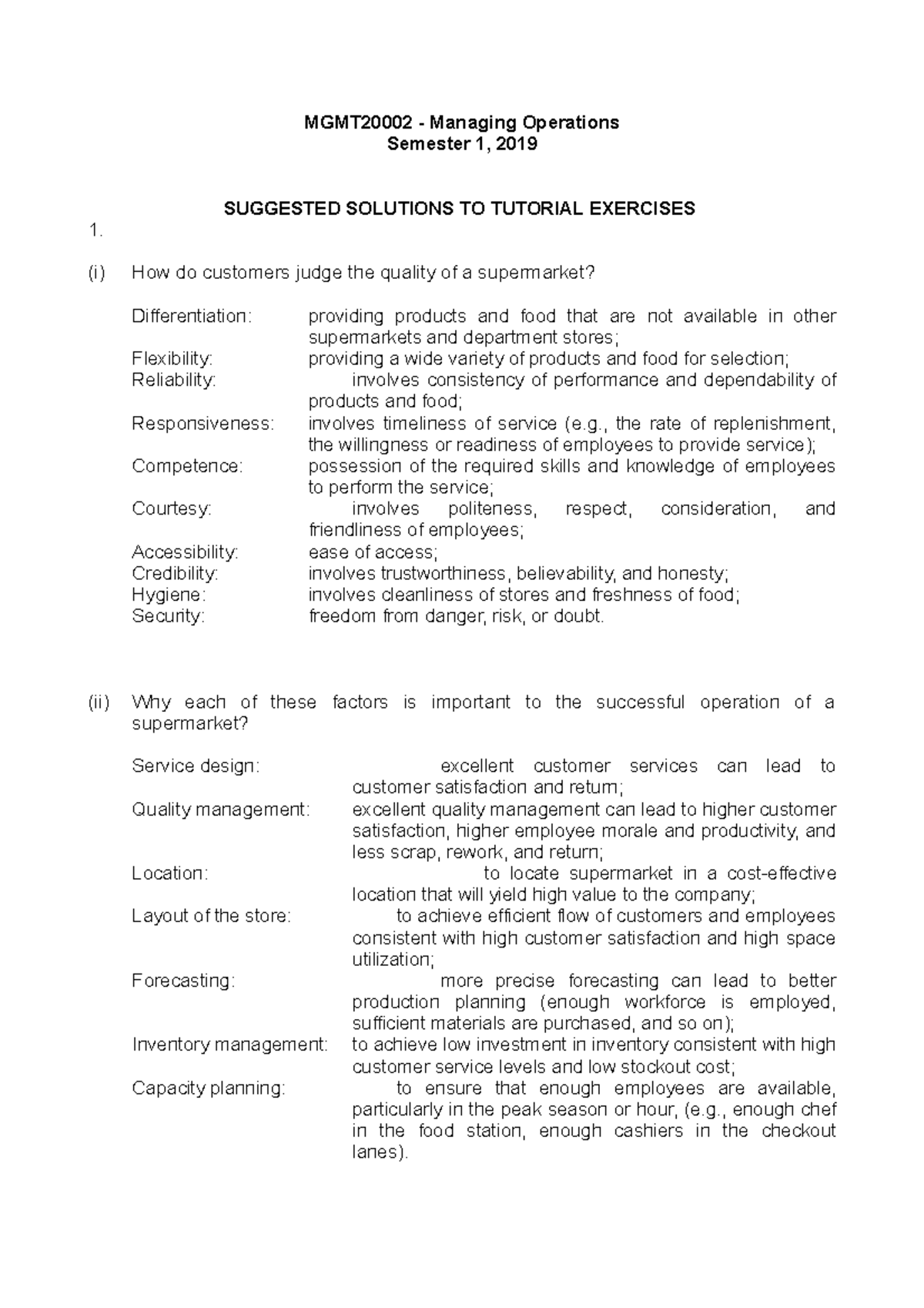 Tutorial 1 Solutions - MGMT20002 - Managing Operations Semester 1, 2019 ...