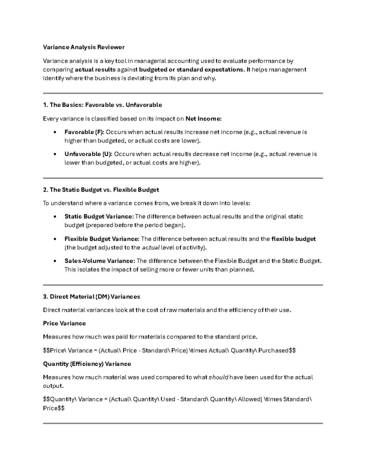 Variance Analysis Review: Understanding Key Concepts and Types - Studocu