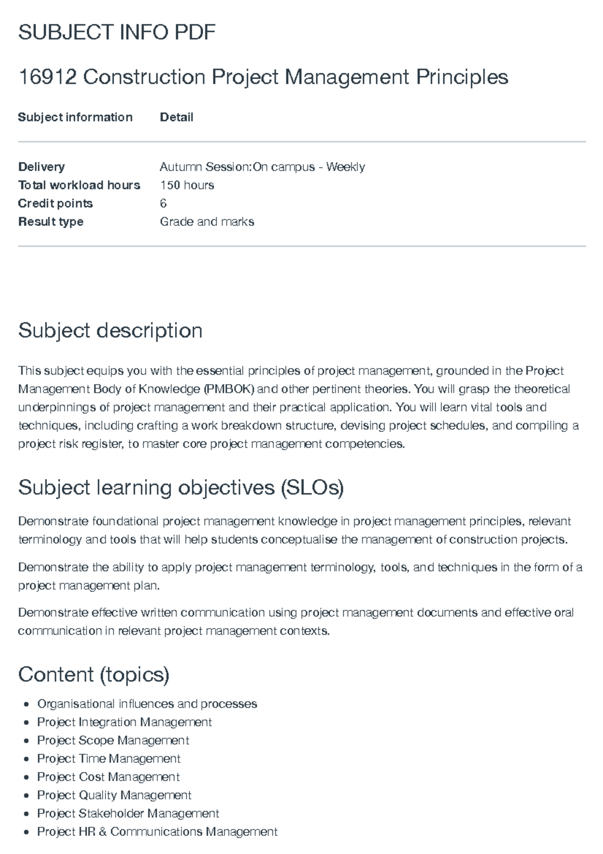Construction Project Management Principles - Subject Info PDF 16912 ...