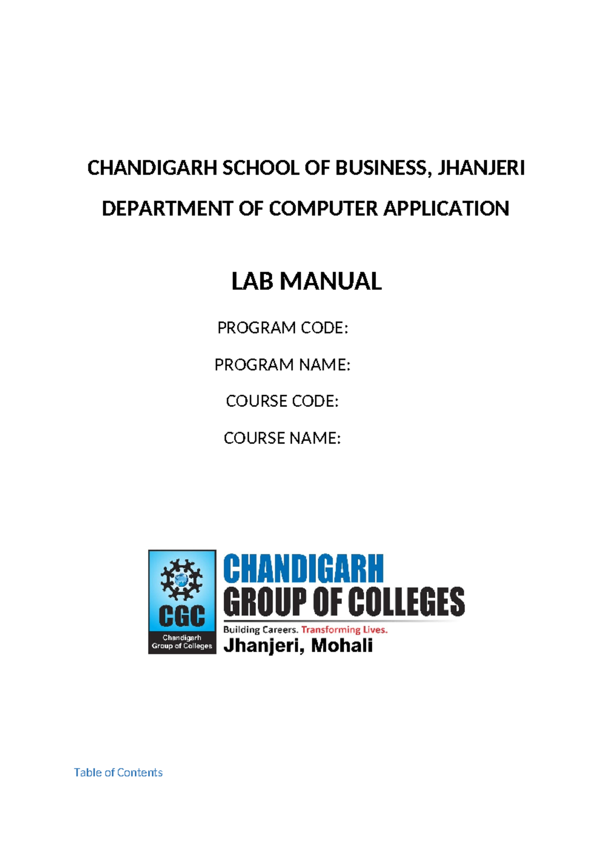 Lab Manual Template - lecture notes - CHANDIGARH SCHOOL OF BUSINESS ...