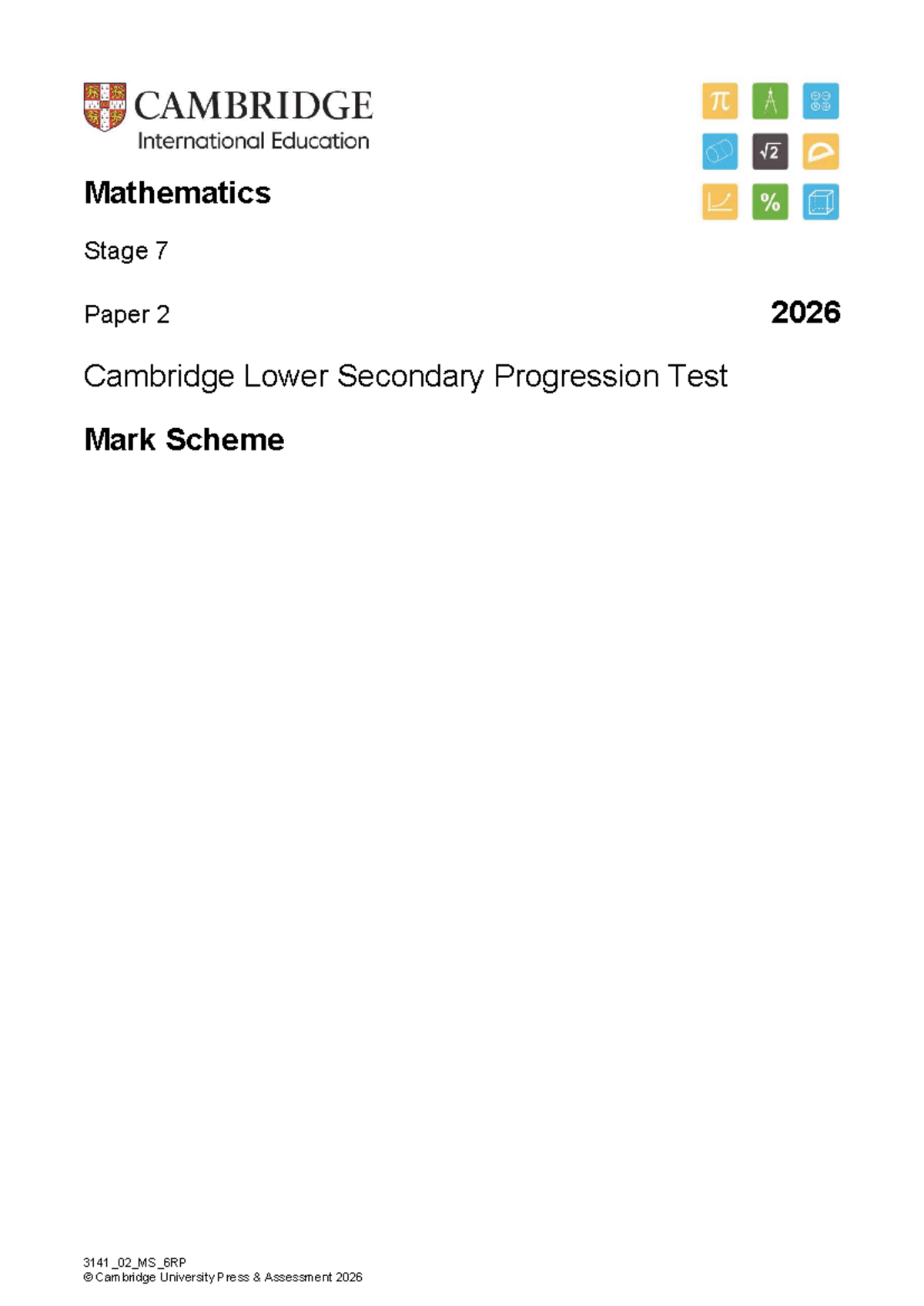 Mathematics Stage 7 Paper 2 Mark Scheme 3141_02_MS_6RP 2026 - Studocu