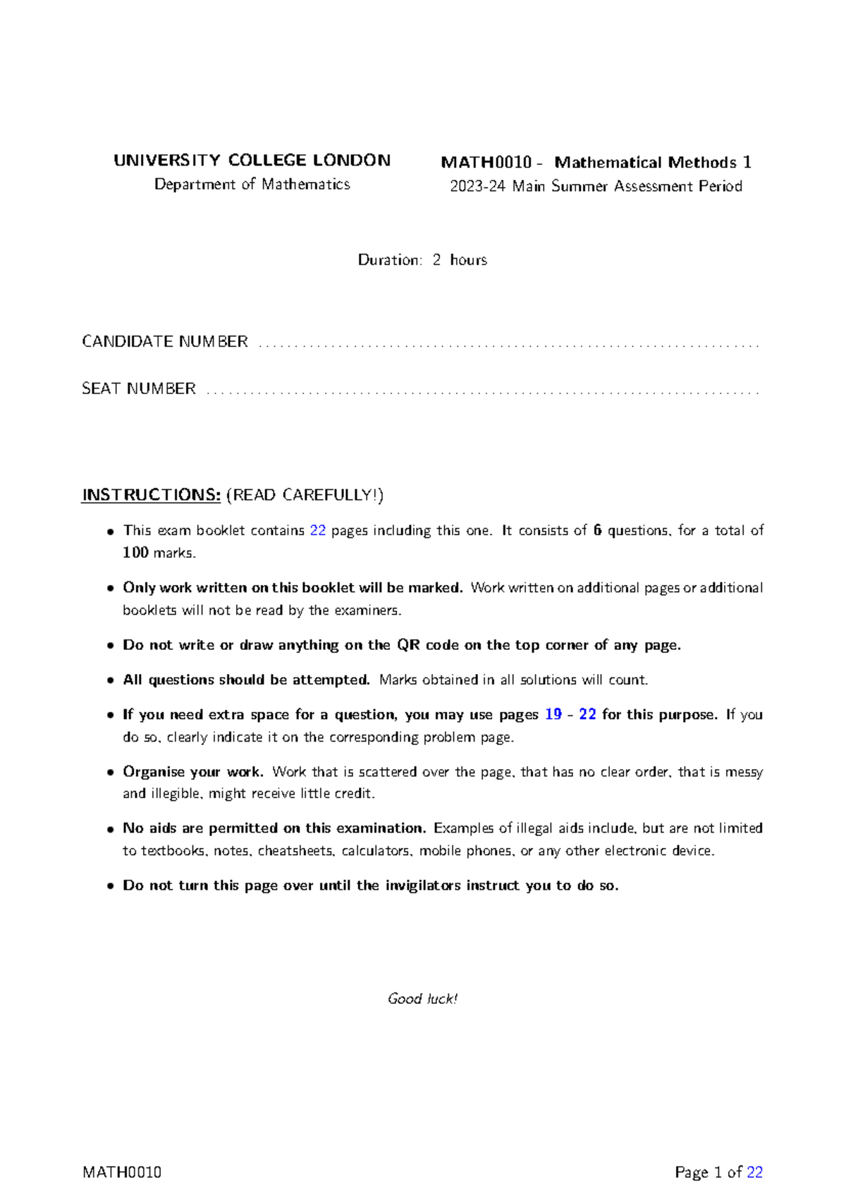 MATH0010 Mathematical Methods 1 Summer Exam Model 2024 - Studocu