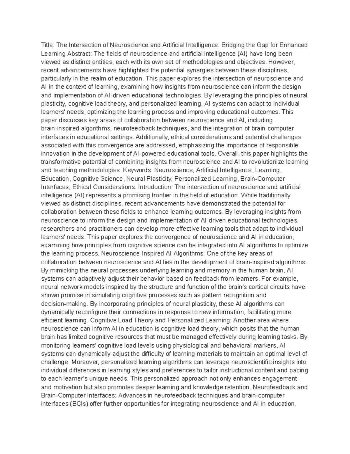 Title The Intersection of Neuroscience and Artificial Intelligence ...