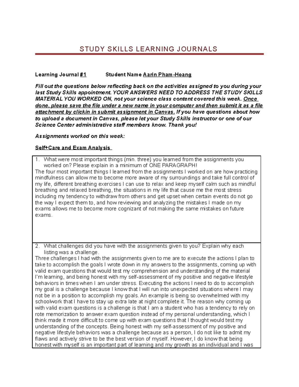 Learning Journal #1: Reflections on Study Skills - AP-1 - Studocu
