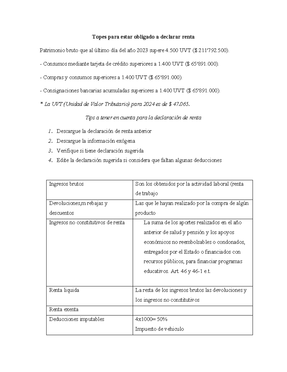 Topes para Declarar Renta en 2024: UVT y Deducciones Importantes - Studocu
