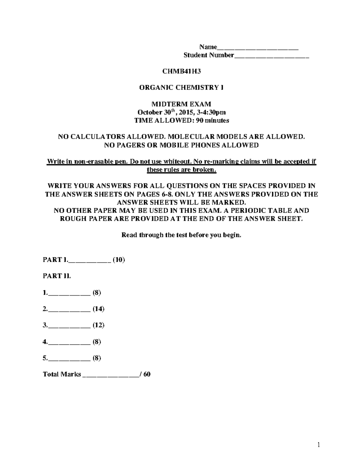CHMB41H3 Organic Chemistry I Midterm Exam 1 Answer Key - Fall 2015 ...