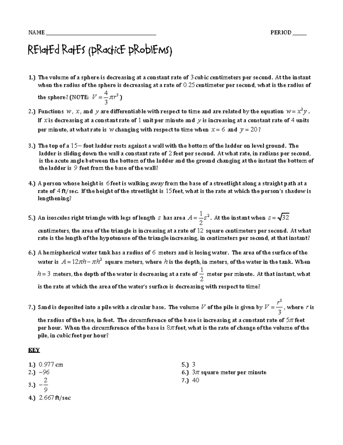 Math 101 - Sect. 2.6 HW: Practice Problems on Related Rates - Studocu