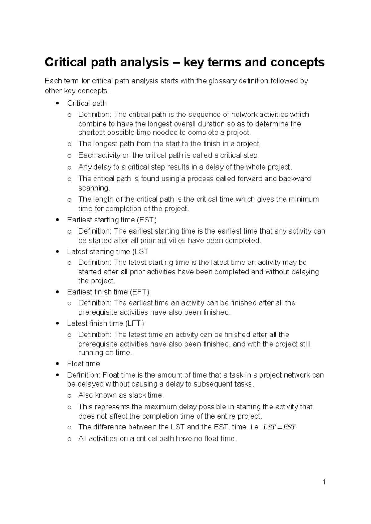 Critical path class handout - Critical path analysis – key terms and ...