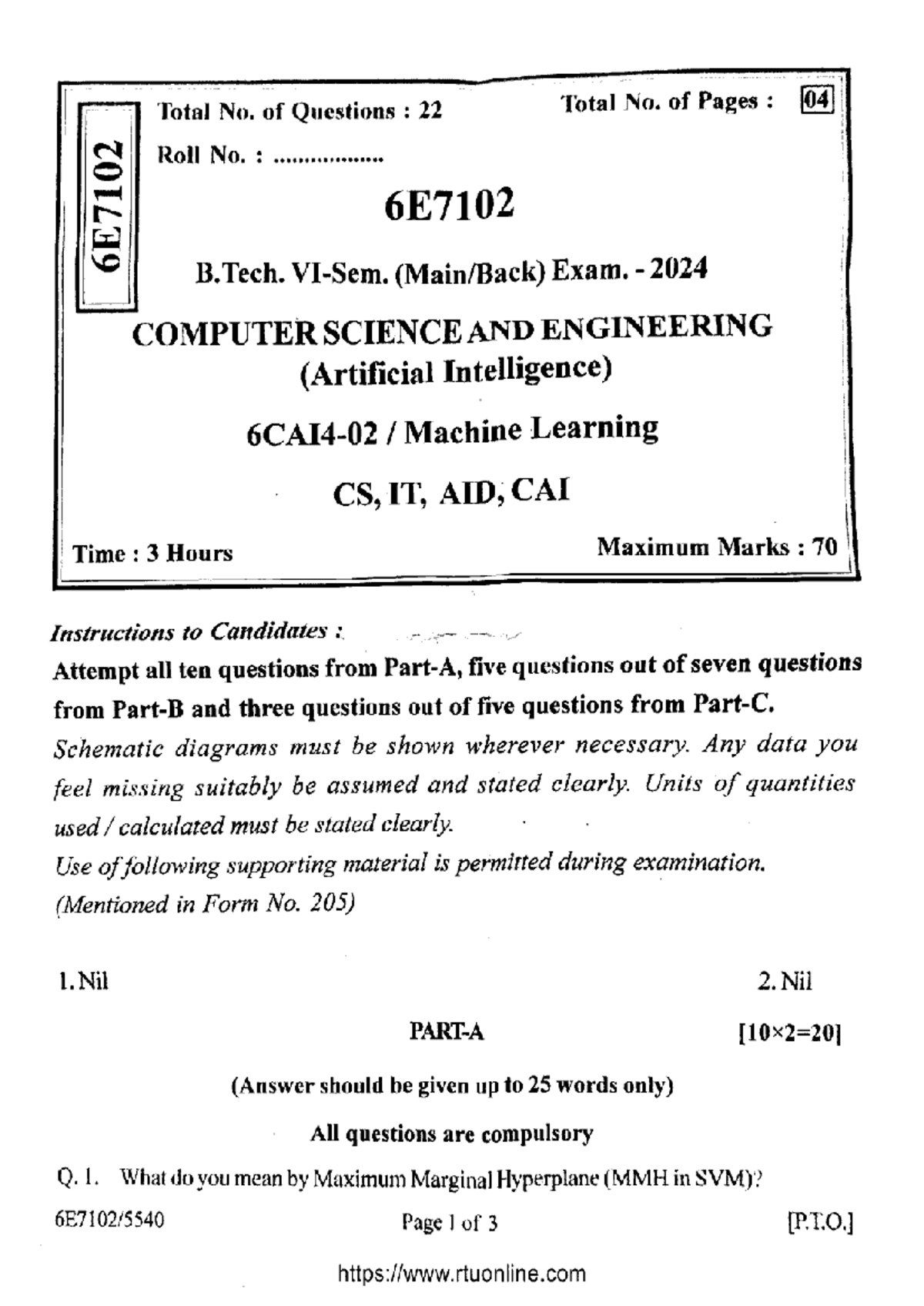 Btech cs it 6 sem machine learning 6e7102 2024 - Total No. of Questions ...