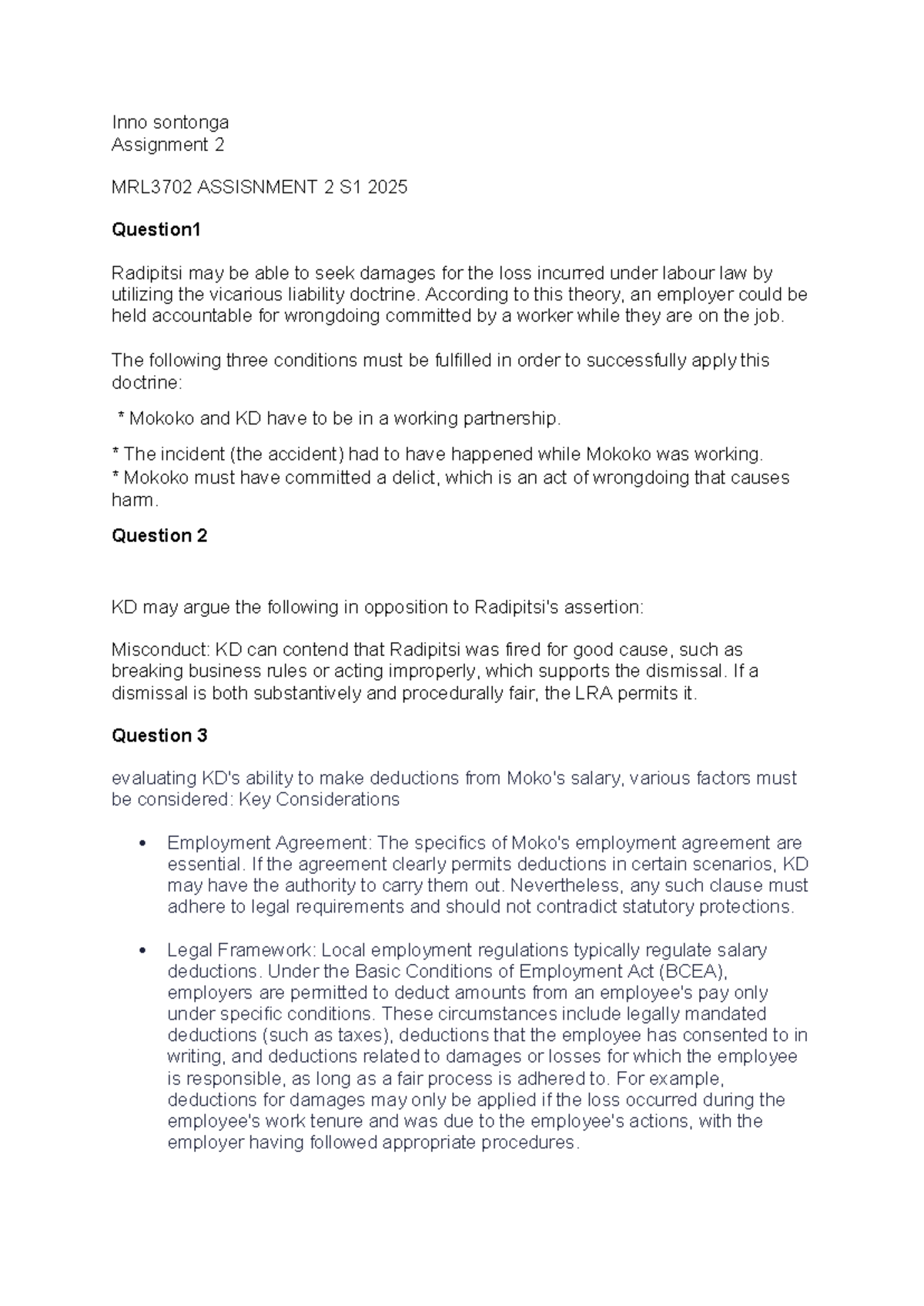 MRL3702 Assignment 2: Labour Law & Vicarious Liability Analysis - Studocu