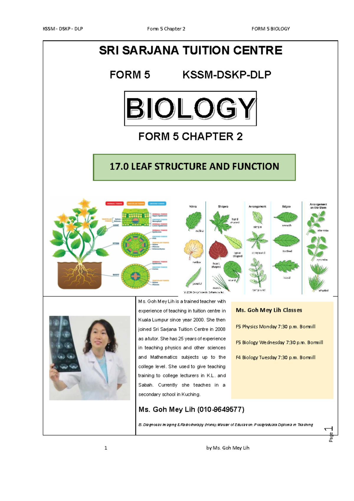 F5 Biology KSSM DSKP DLP Chapter 2: Leaf Structure & Function - Studocu
