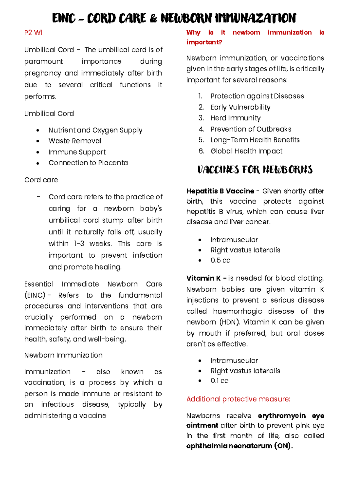 P2 W1 RLE - Newborn Care & Immunization Notes - Studocu
