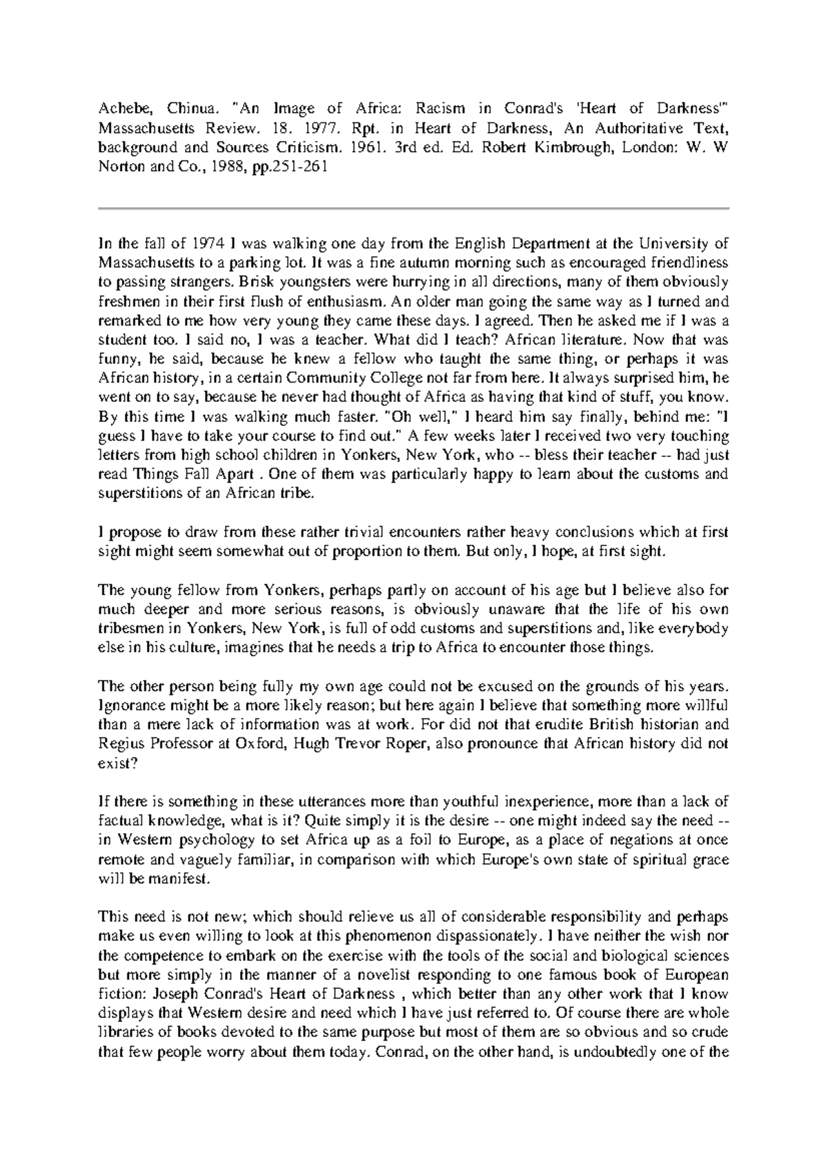 Achebe's "An Image of Africa": Racism in Conrad's Heart of Darkness ...