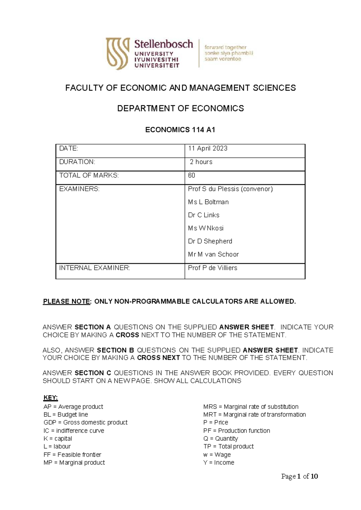 Econ 114 A1S1 2023 Final Exam Guidelines and Key Concepts - Studocu