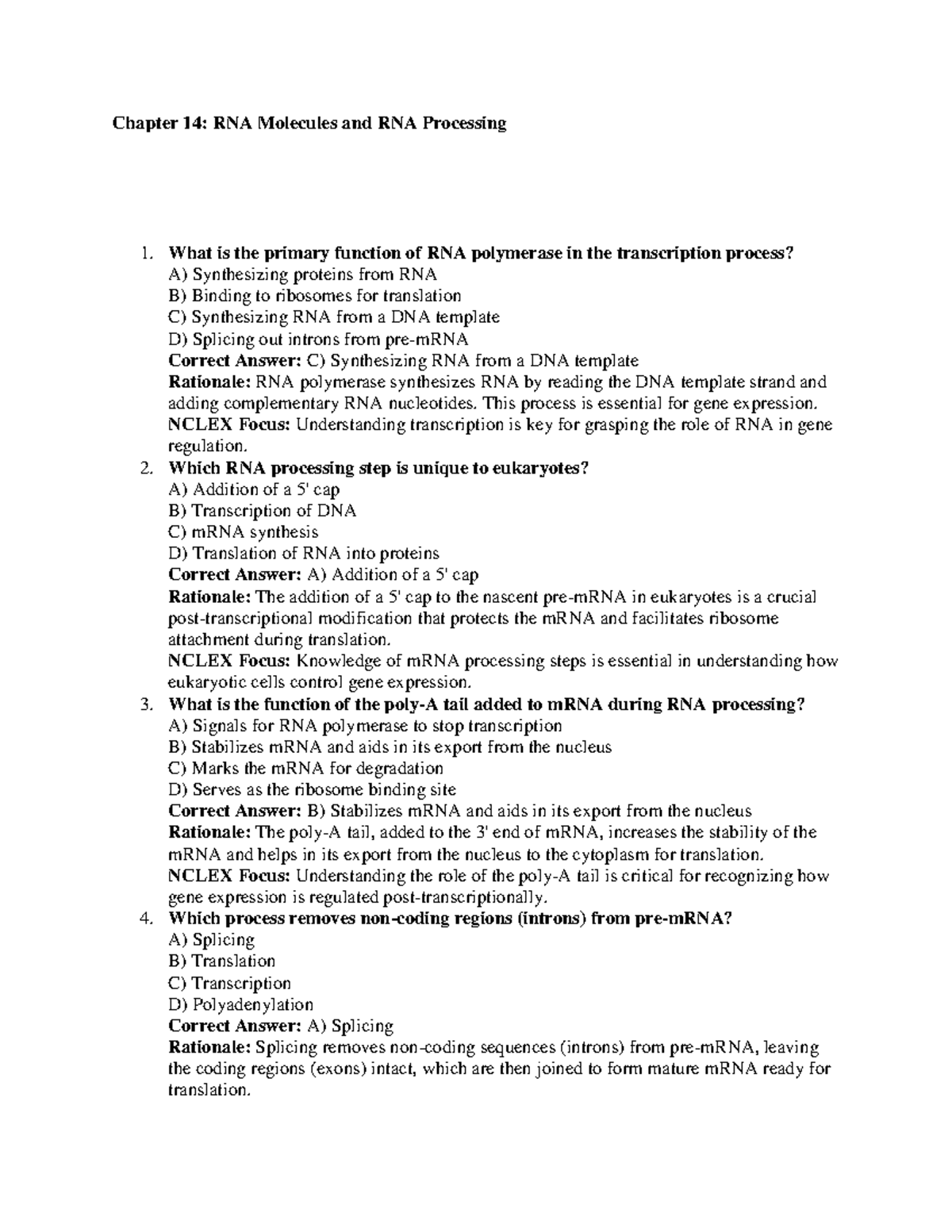 Genetics Test Bank: Chapter 14 - RNA Molecules & Processing - Studocu