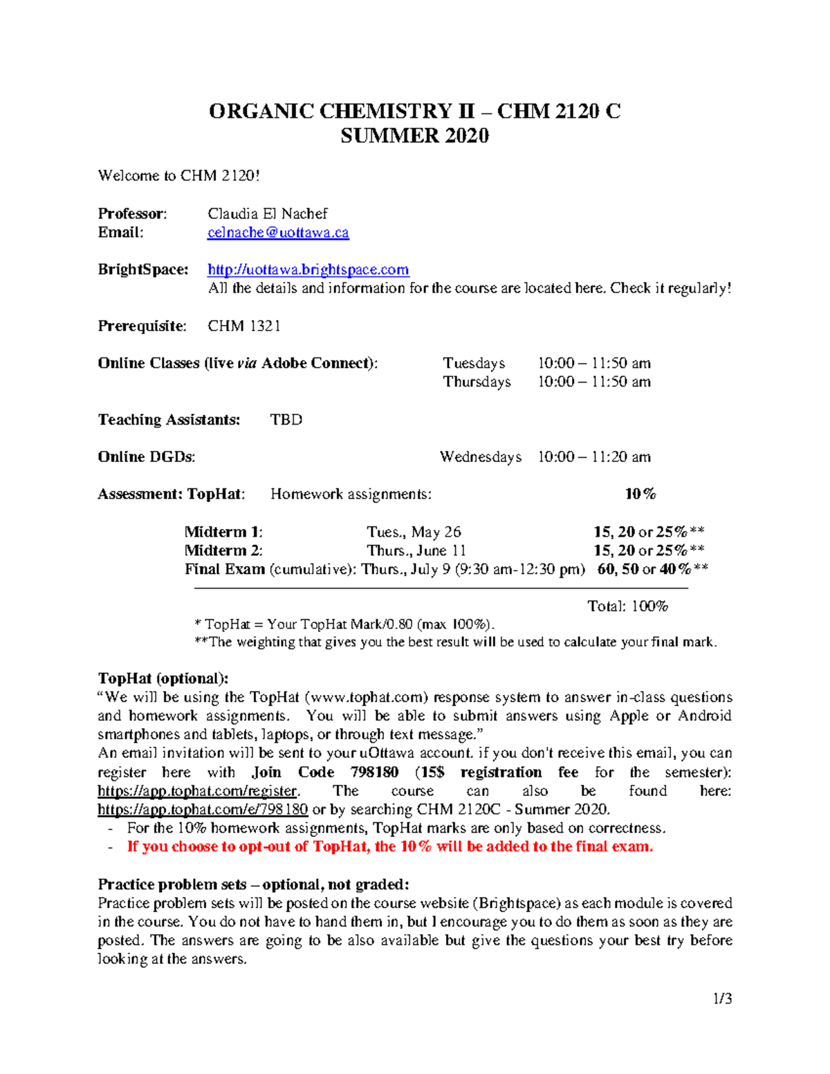 Syllabus for CHM 2120 C: Organic Chemistry II - Summer 2020 - Studocu