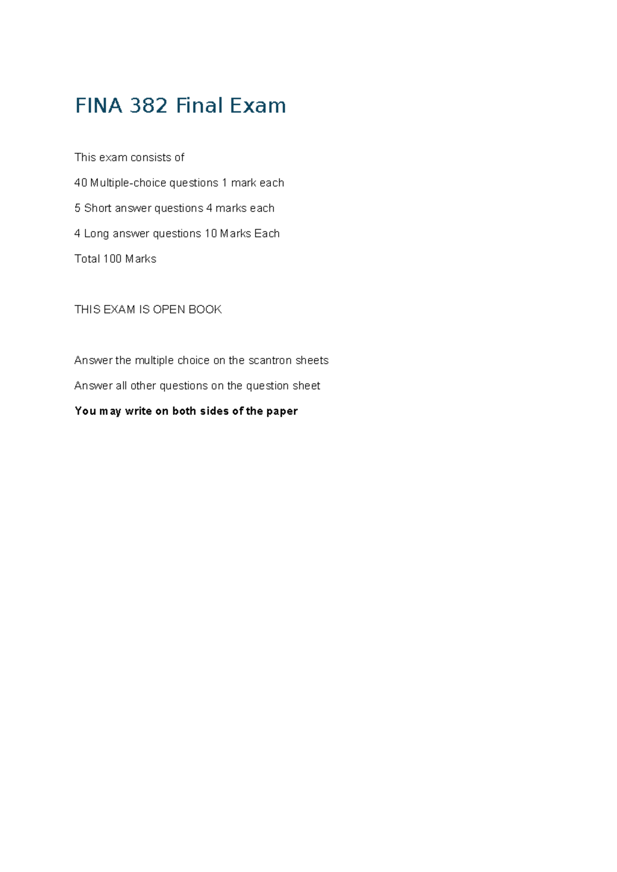 FINA 382 Final Exam Study Guide - Key Concepts and Questions - Studocu