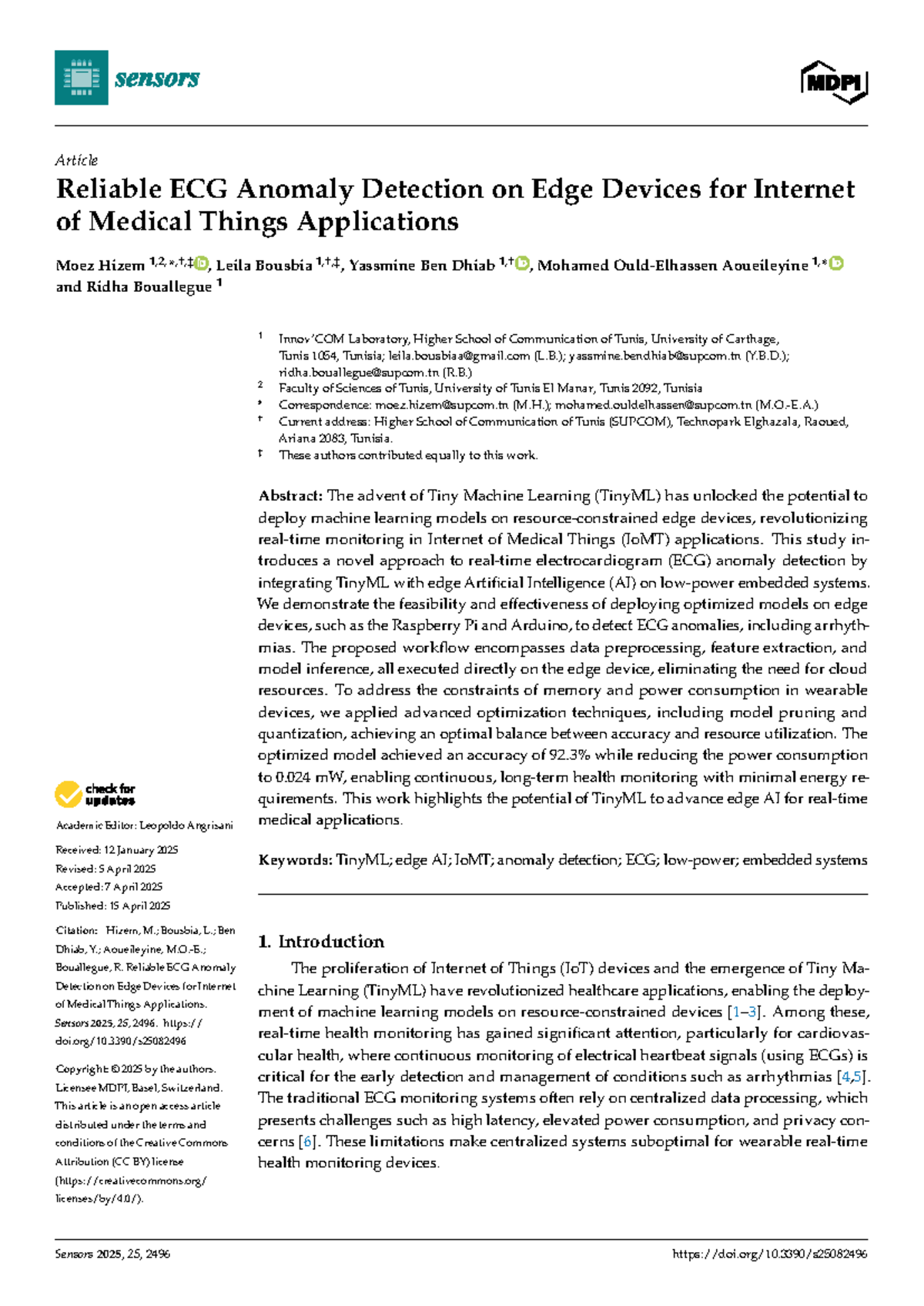 Reliable ECG Anomaly Detection Using TinyML on Edge Devices (Sensors ...