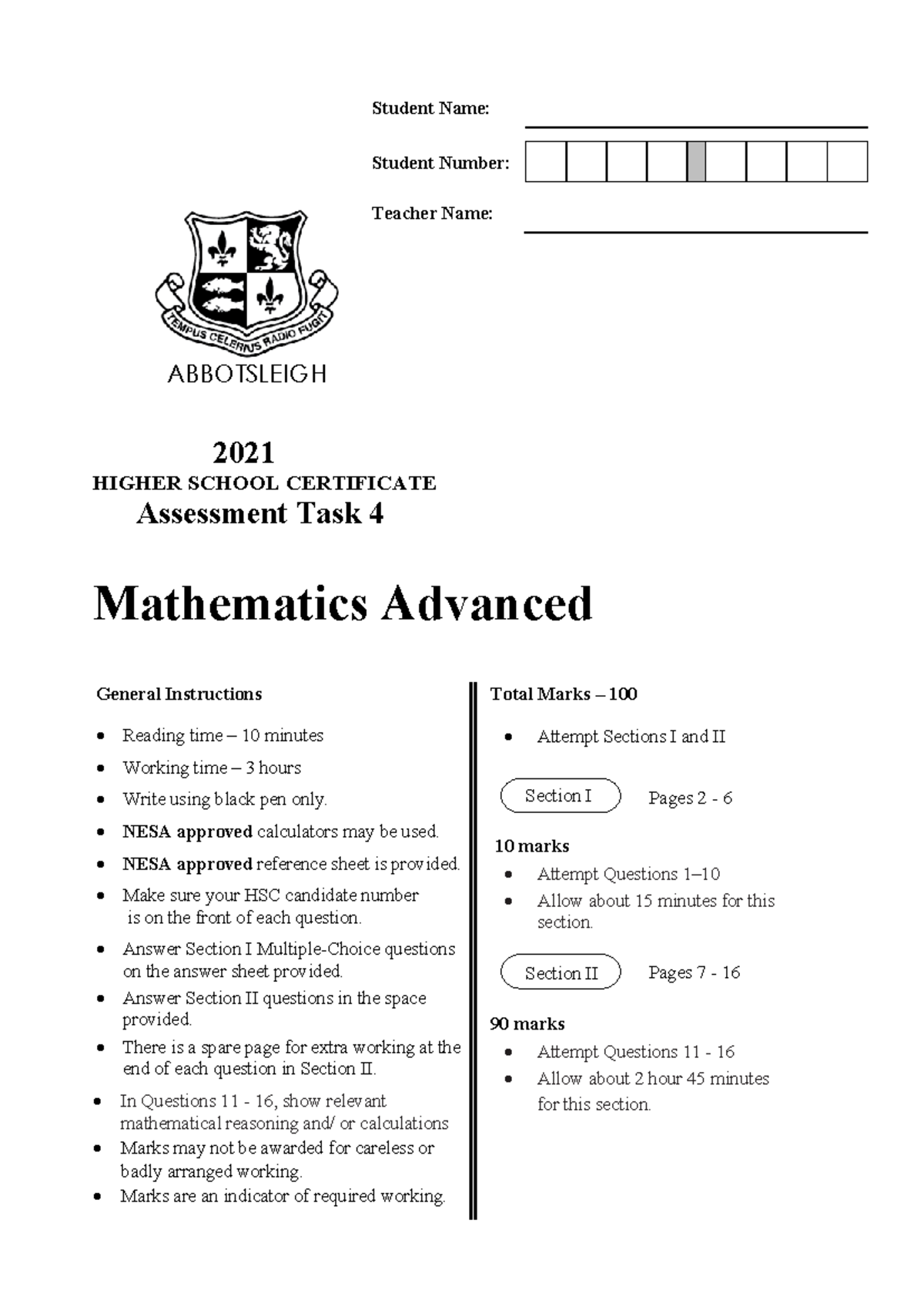2021 HSC Mathematics Advanced Trial Exam - Questions & Solutions - Studocu