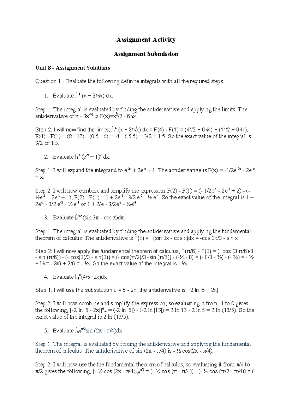 Unit 8 Assignment Solutions: Evaluating Definite Integrals - Studocu