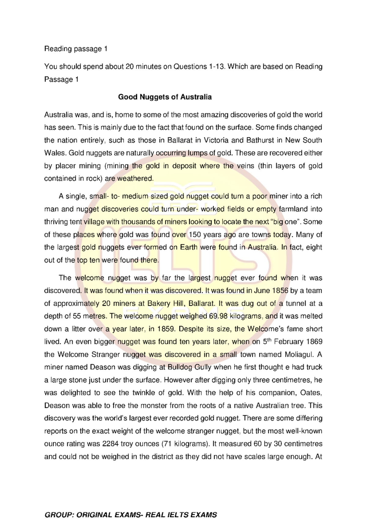 AC3 Reading Passage 1: Gold Nuggets of Australia - Studocu