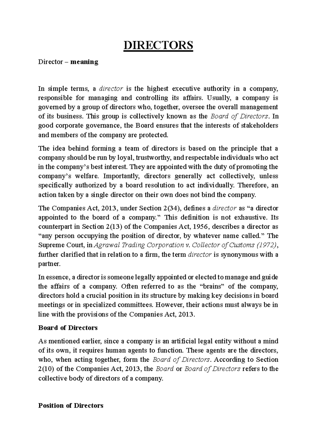 Directors - Lecture Notes on Corporate Governance and Roles - Studocu