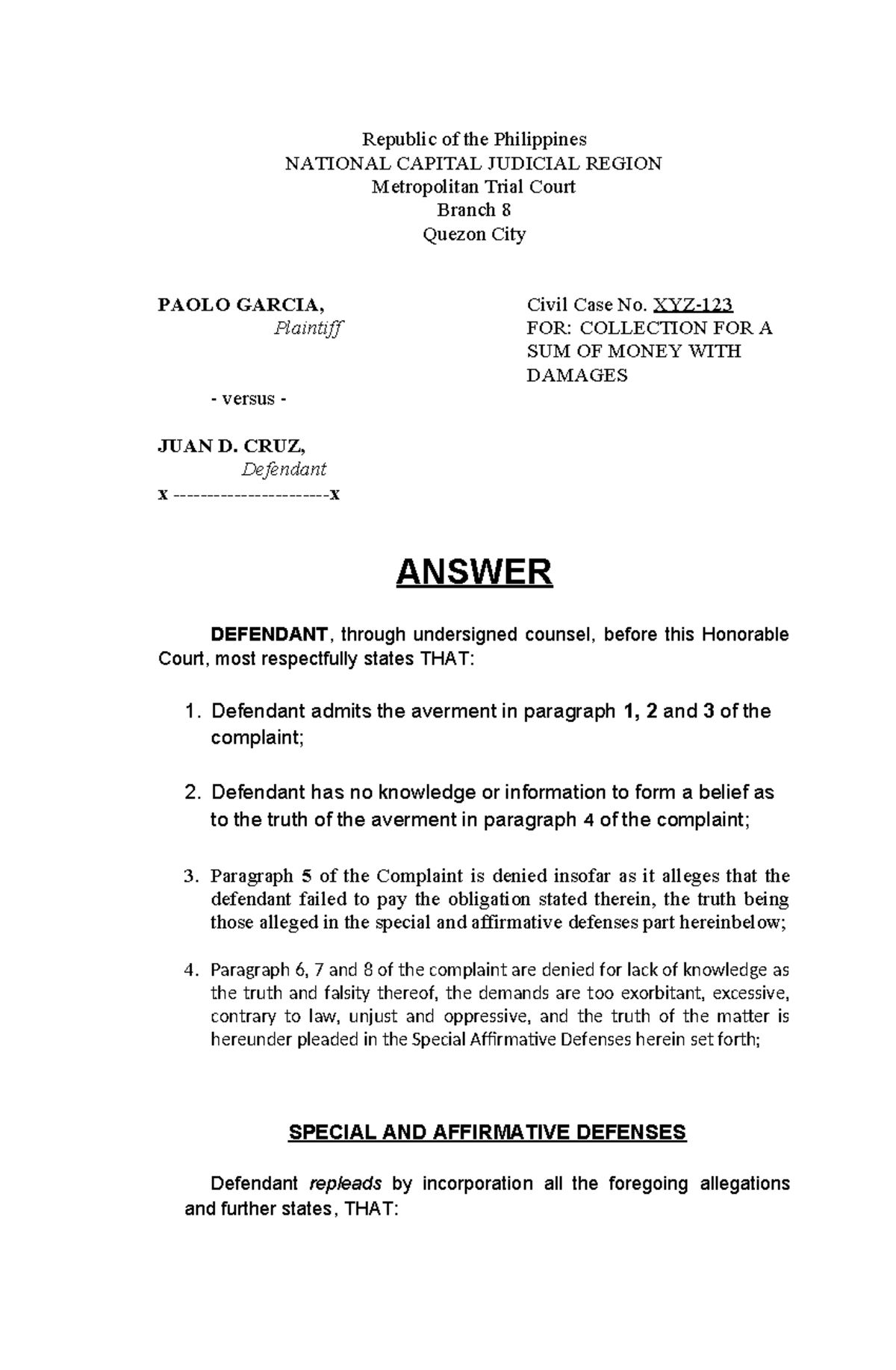 Civil Case No. 510971513: Answer for Collection of Money - Studocu