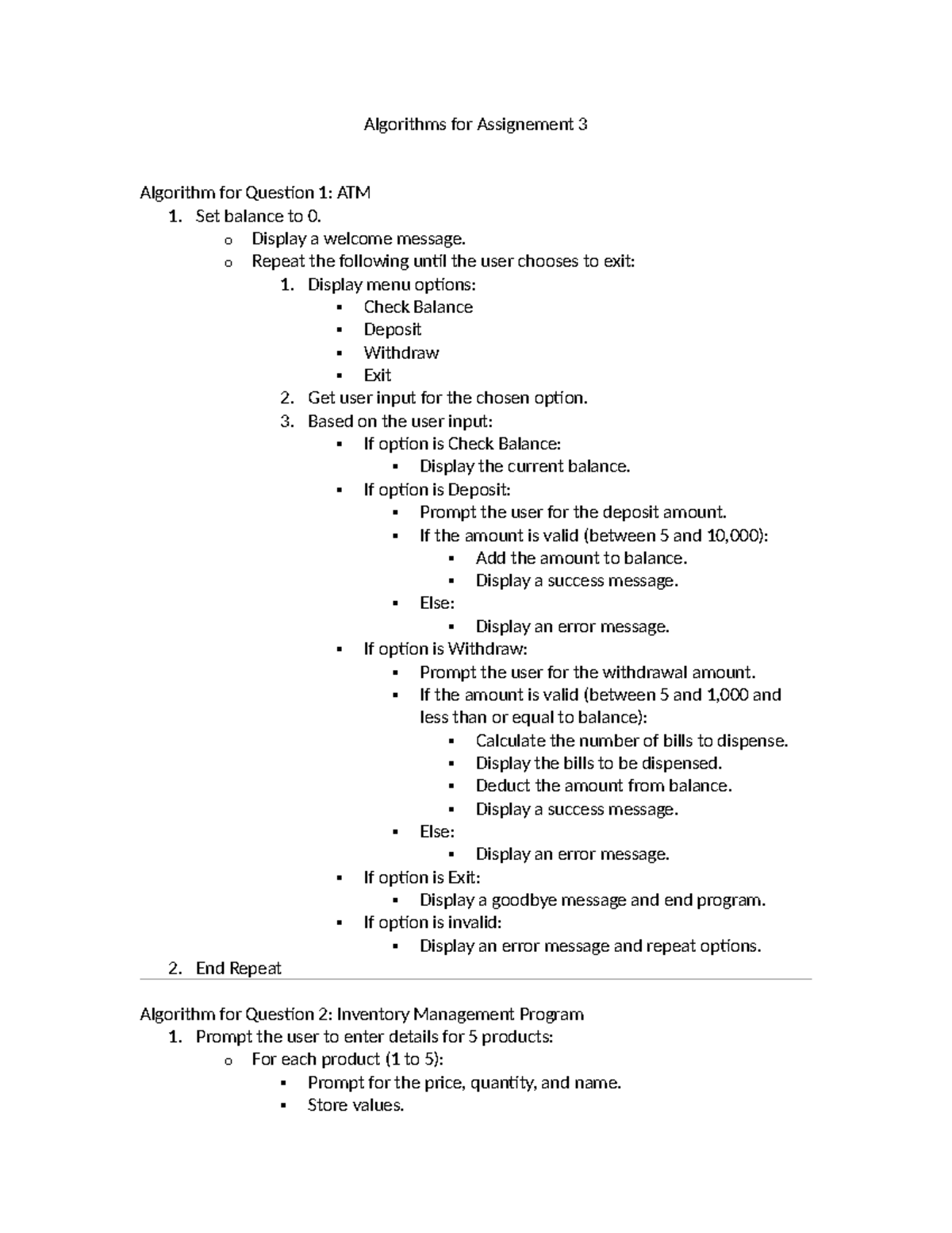 Algorithms for Assignment 3: ATM & Inventory Management - Studocu