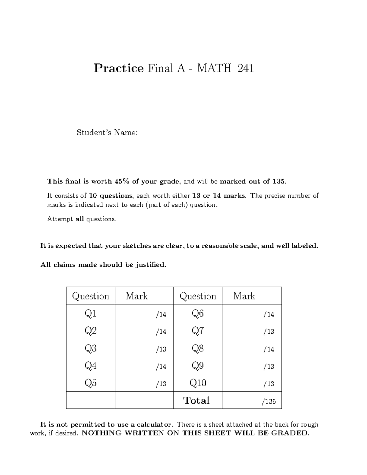 Practice Final Exam - MATH 241 - Practice Final A - MATH 241 Student’s ...