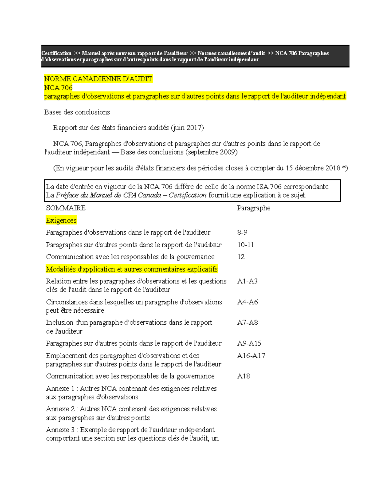 NCA 706 Exigences et Modalités d'Application pour Auditeurs - Studocu