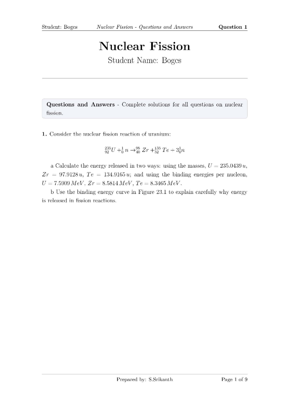 Nuclear Fission Q&A: Detailed Solutions and Explanations (Course Code ...