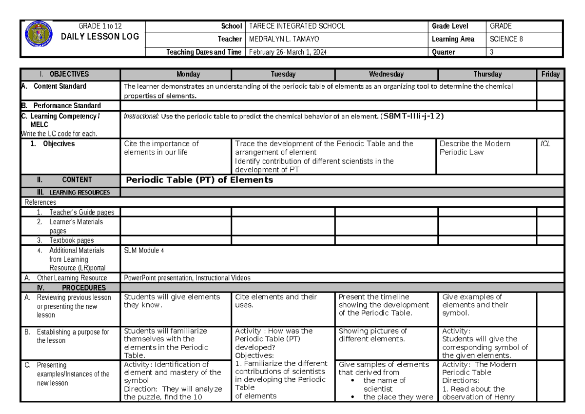 Science 8 WEEK 7 (FEB 26-MAR 1) - GRADE 1 to 12 DAILY LESSON LOG School ...