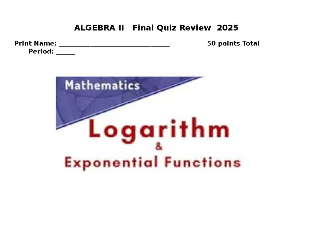 ALGEBRA II Final Quiz Review January 2025 - Studocu