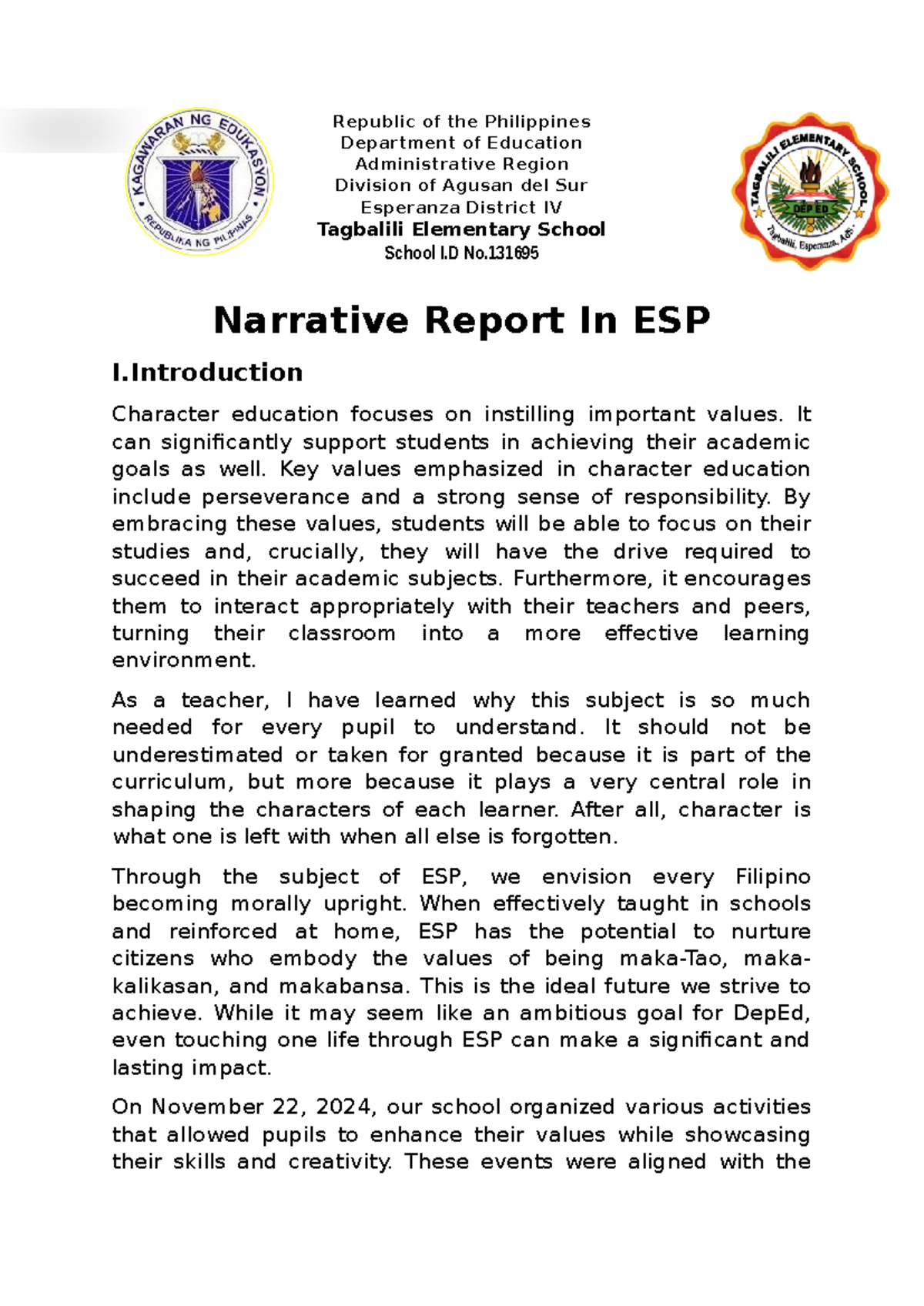 Narrative Report in ESP 2024: Character Education Activities - Studocu