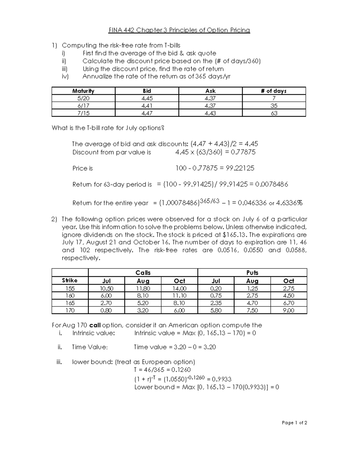 FINA 442 Final Exam Notes: Principles of Option Pricing Analysis - Studocu