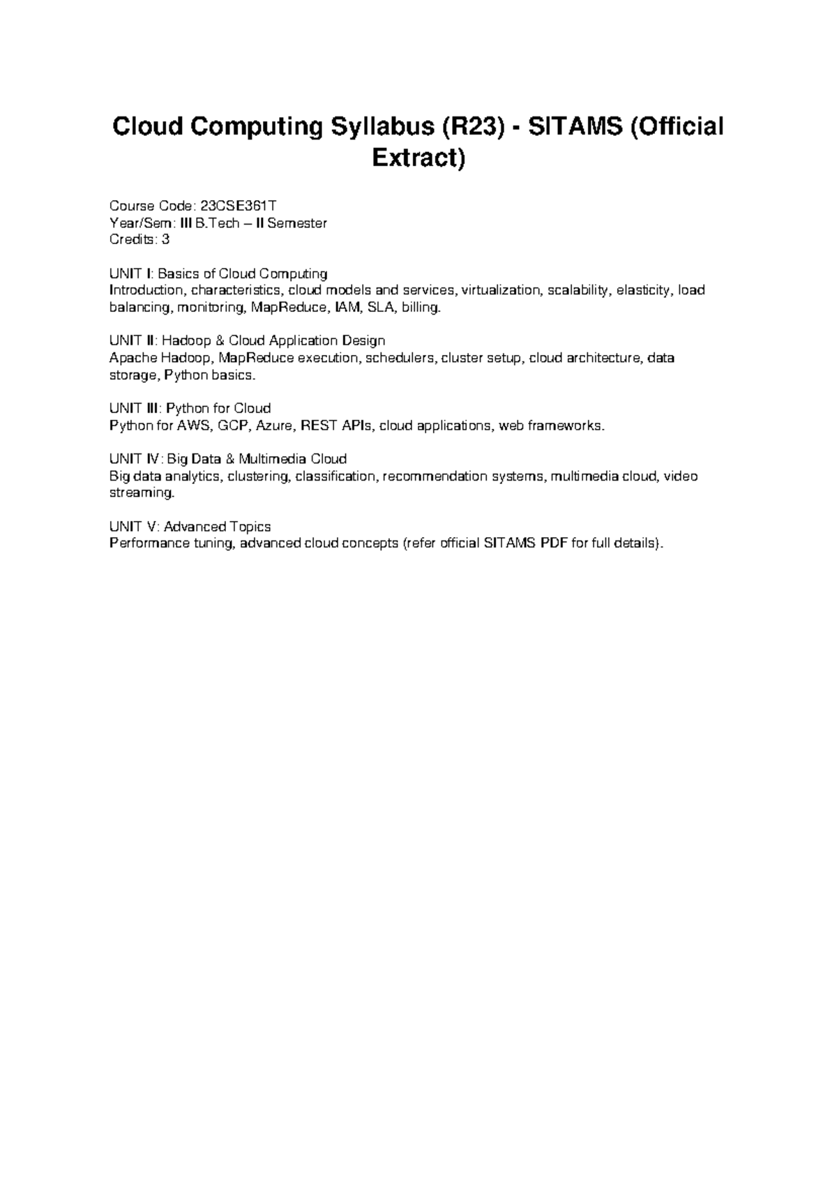 Cloud Computing Syllabus (R23) - B.Tech II Sem (23CSE361T) - Studocu