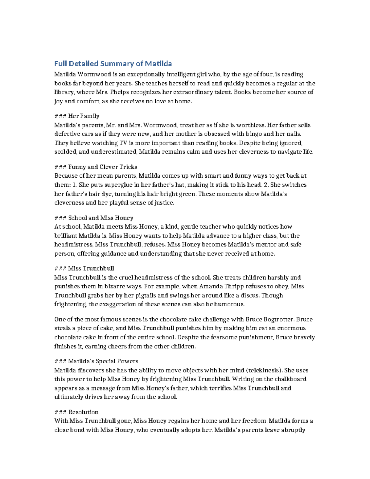 Matilda (ENG101) Full Detailed Summary and Analysis - Studeersnel
