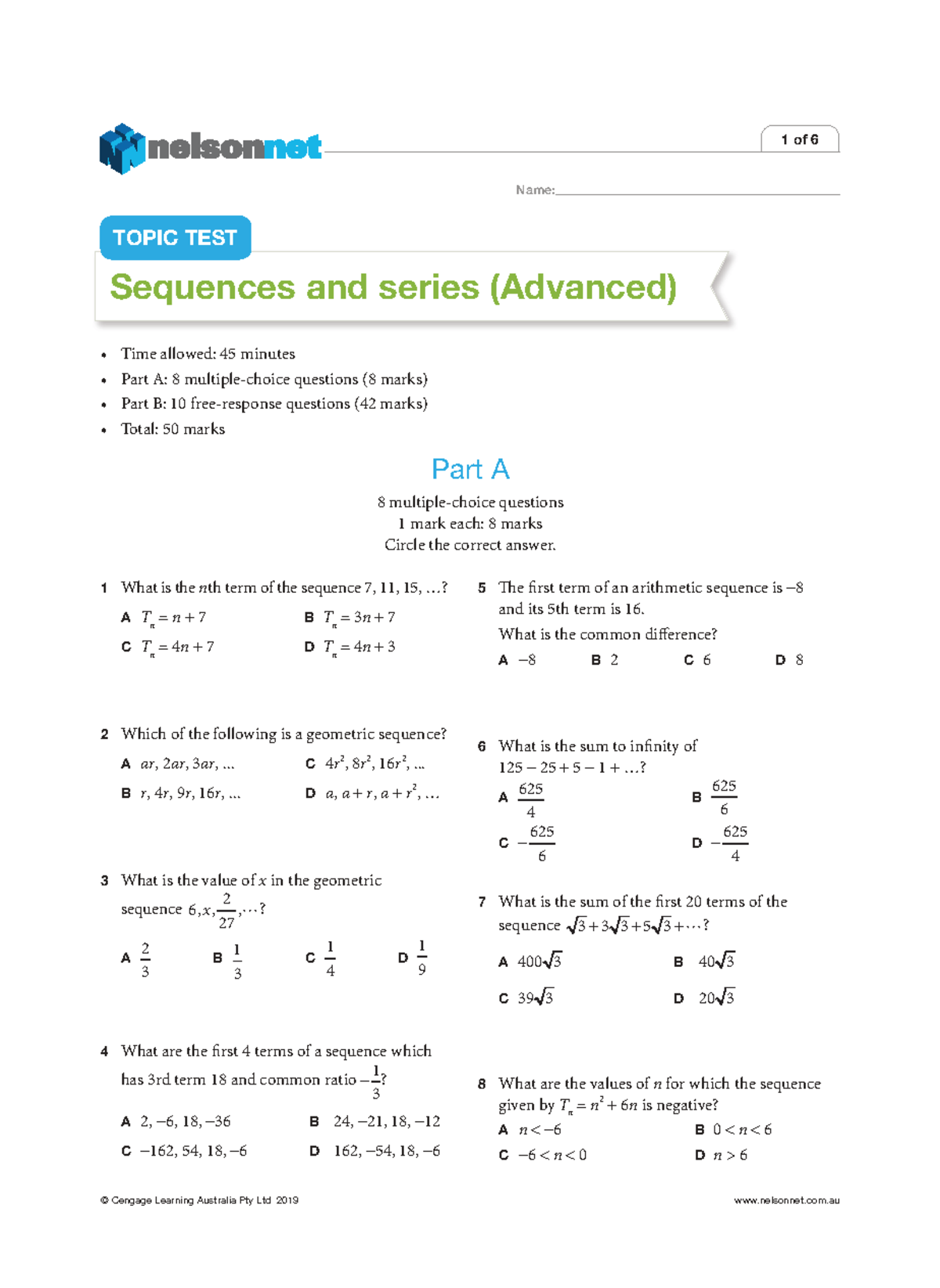 Topic Test - Sequences and Series (Advanced) - Studocu
