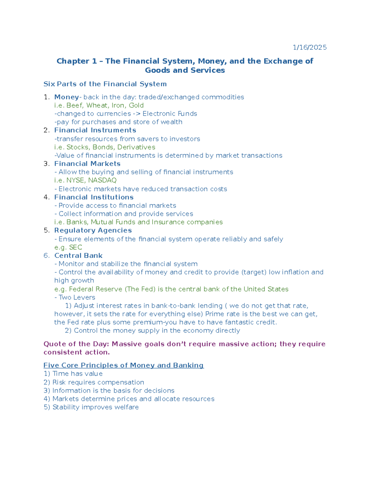Chapter 1 notes: The financial system, money, and exchange of goods ...