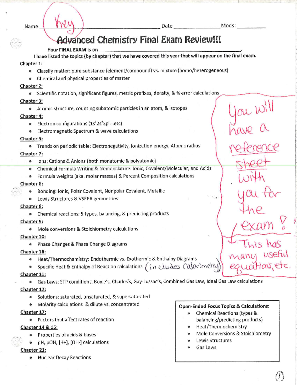 Advanced Chemistry (CHEM 101) Final Exam Review Packet Key - Studocu