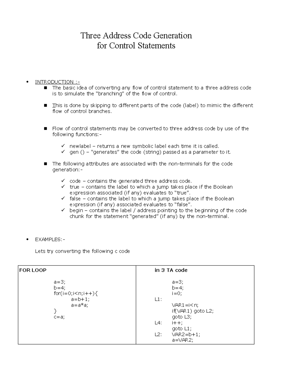 Three Address Code Generation for Control Statements - Studocu