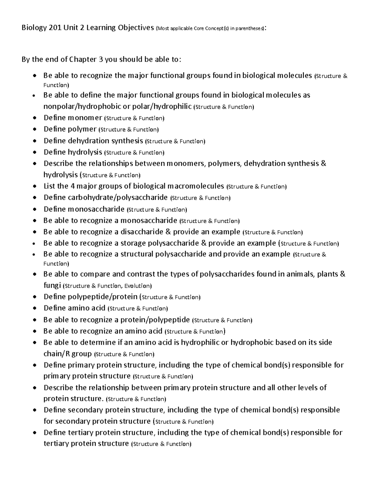 Biology 201 Unit 2: Learning Objectives on Biological Macromolecules ...