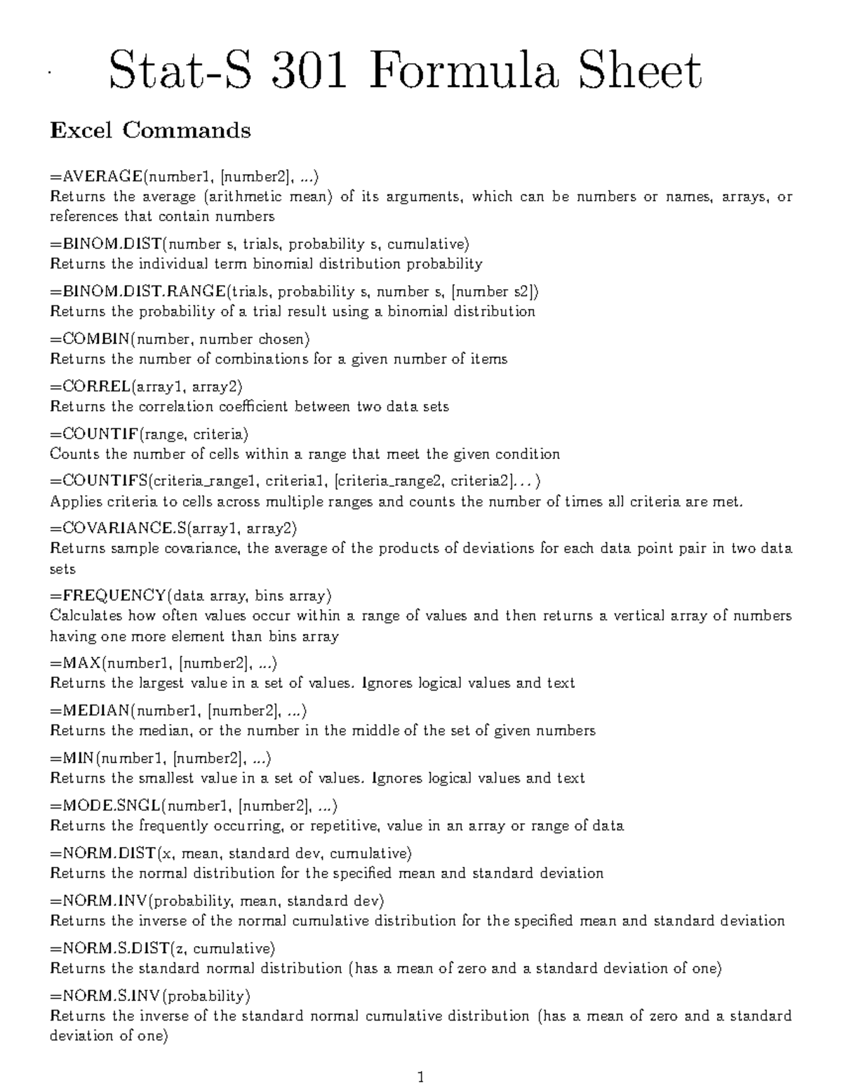 Stat-S 301 Final Exam Formula Sheet and Excel Functions Guide - Studocu