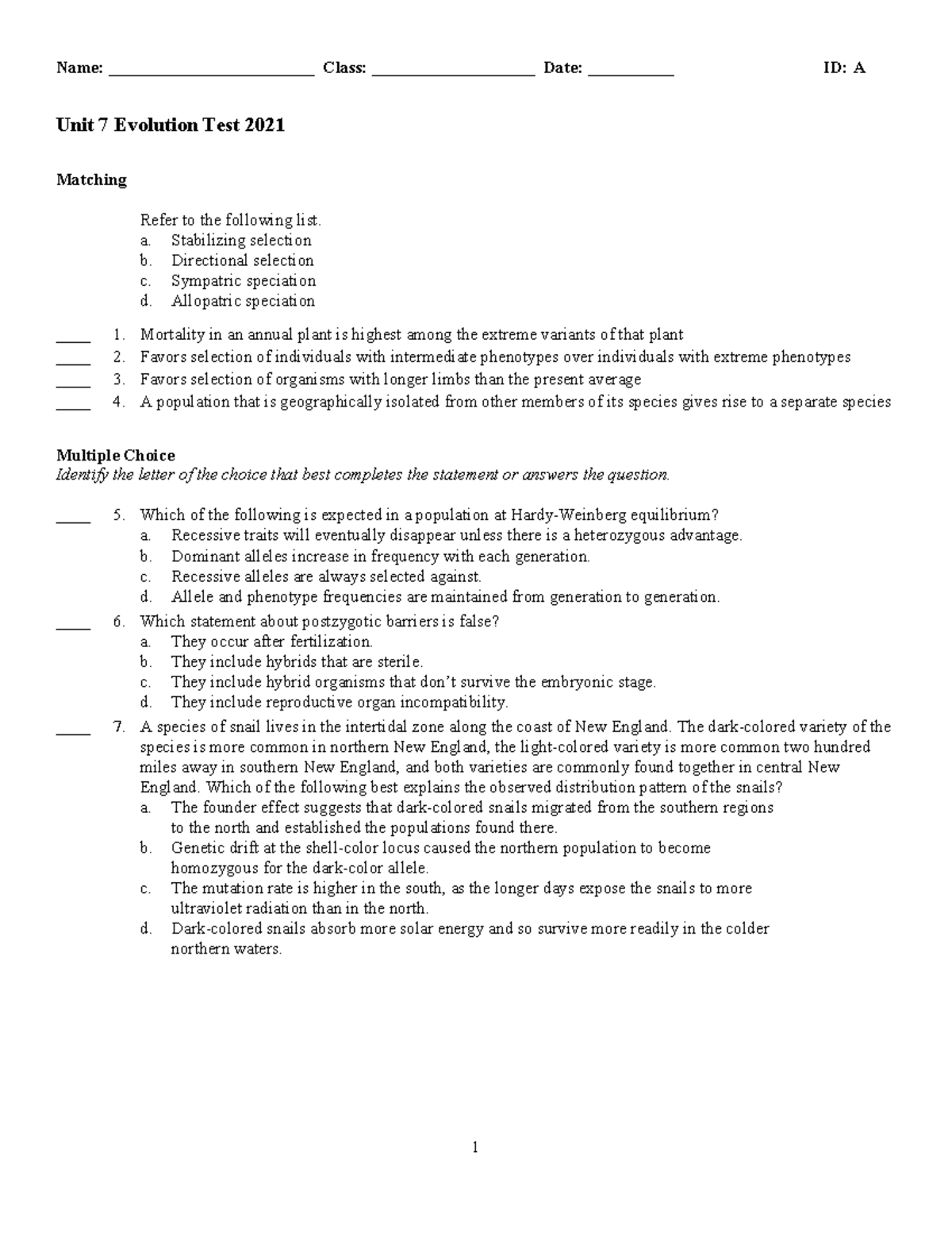 Advanced Placement Biology Unit+7+Evolution+Practice+Test+2022 - Name ...