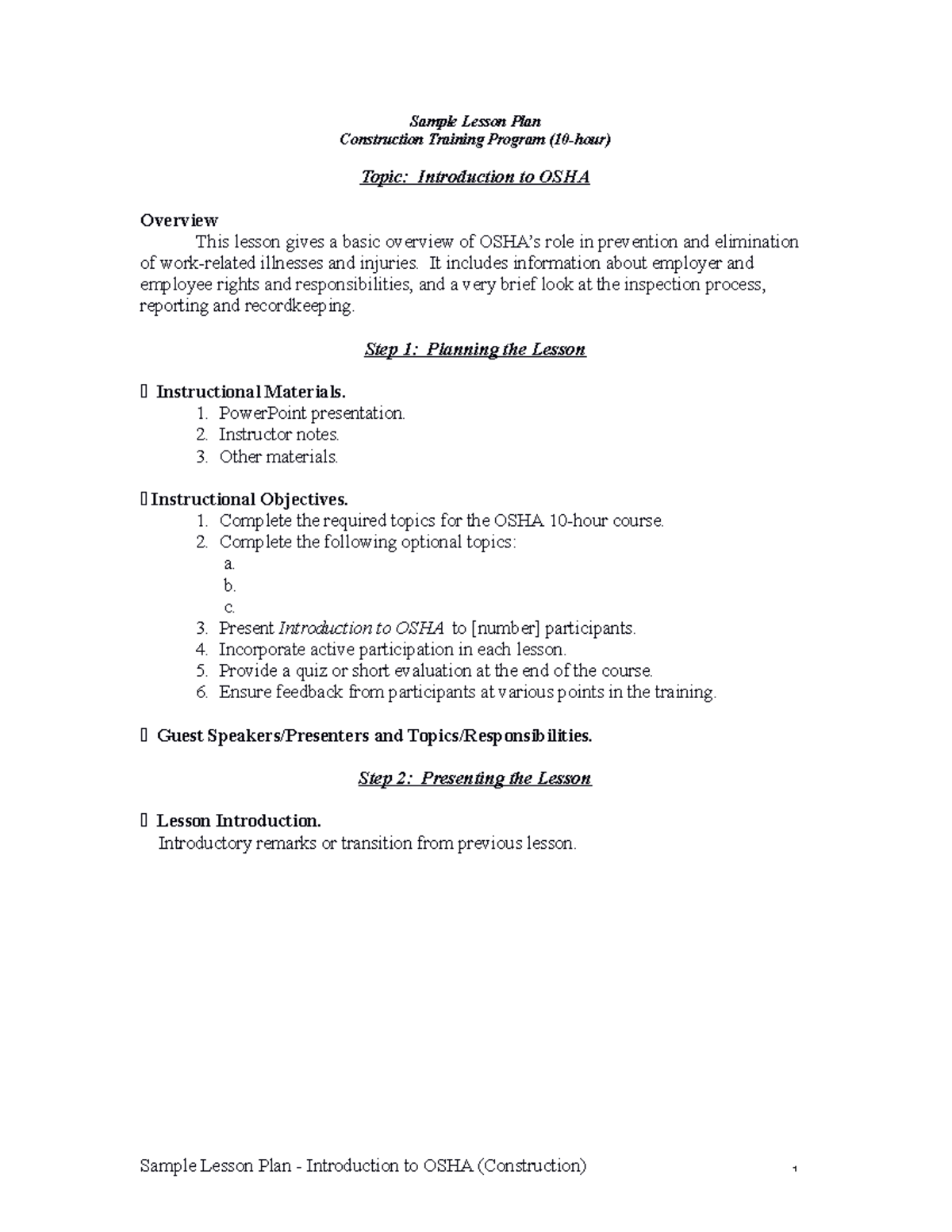 Bản sao của 1. Introduction to OSHA Lesson Plan - Sample Lesson Plan ...
