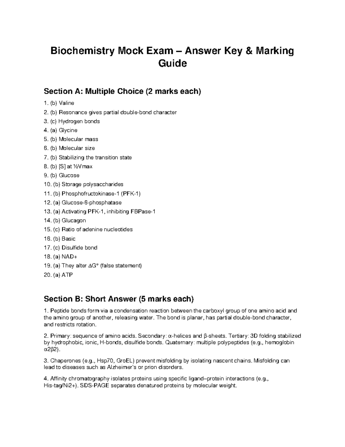Biochemistry Mock Exam Answer Key: Section A & B Guide - Studocu