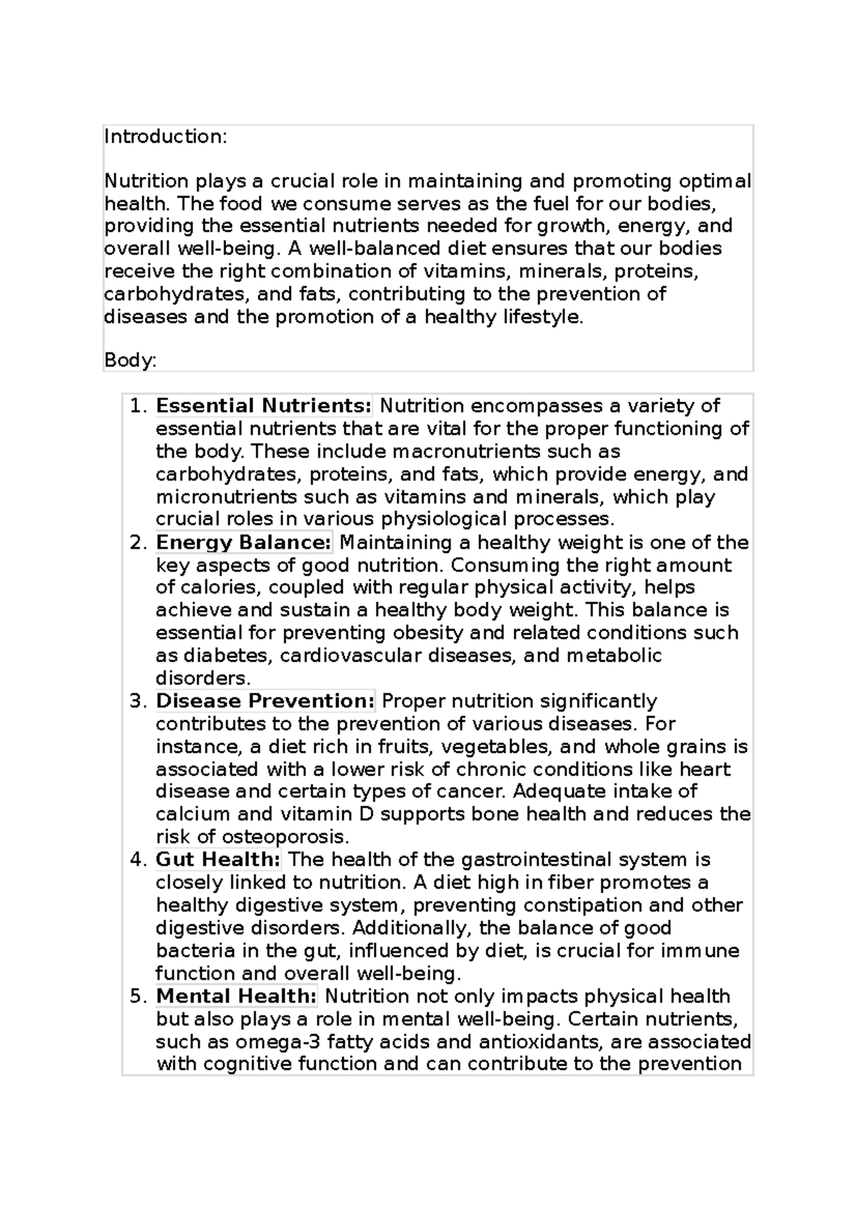BIO 111 - The Importance of Nutrition: A Comprehensive Essay - Studocu