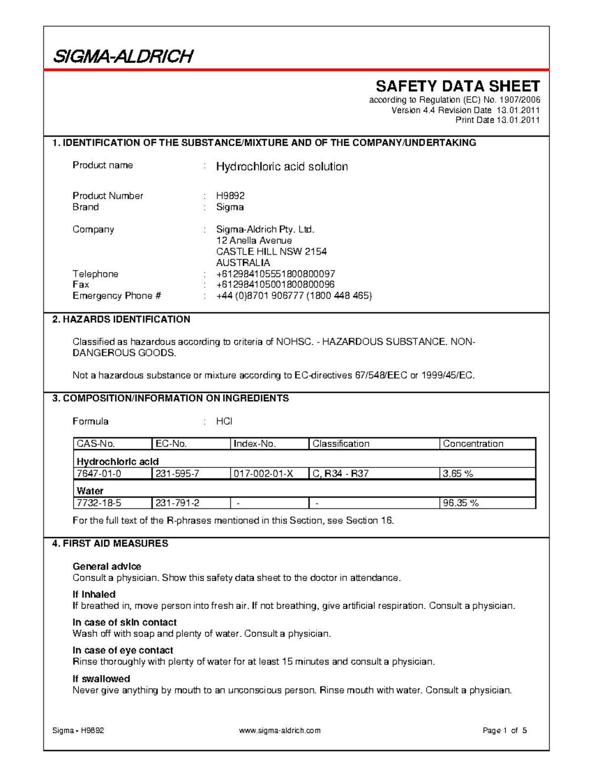 MSDS 2962 HCl - Detailed Hazard Information for Hydrochloric Acid - Studocu