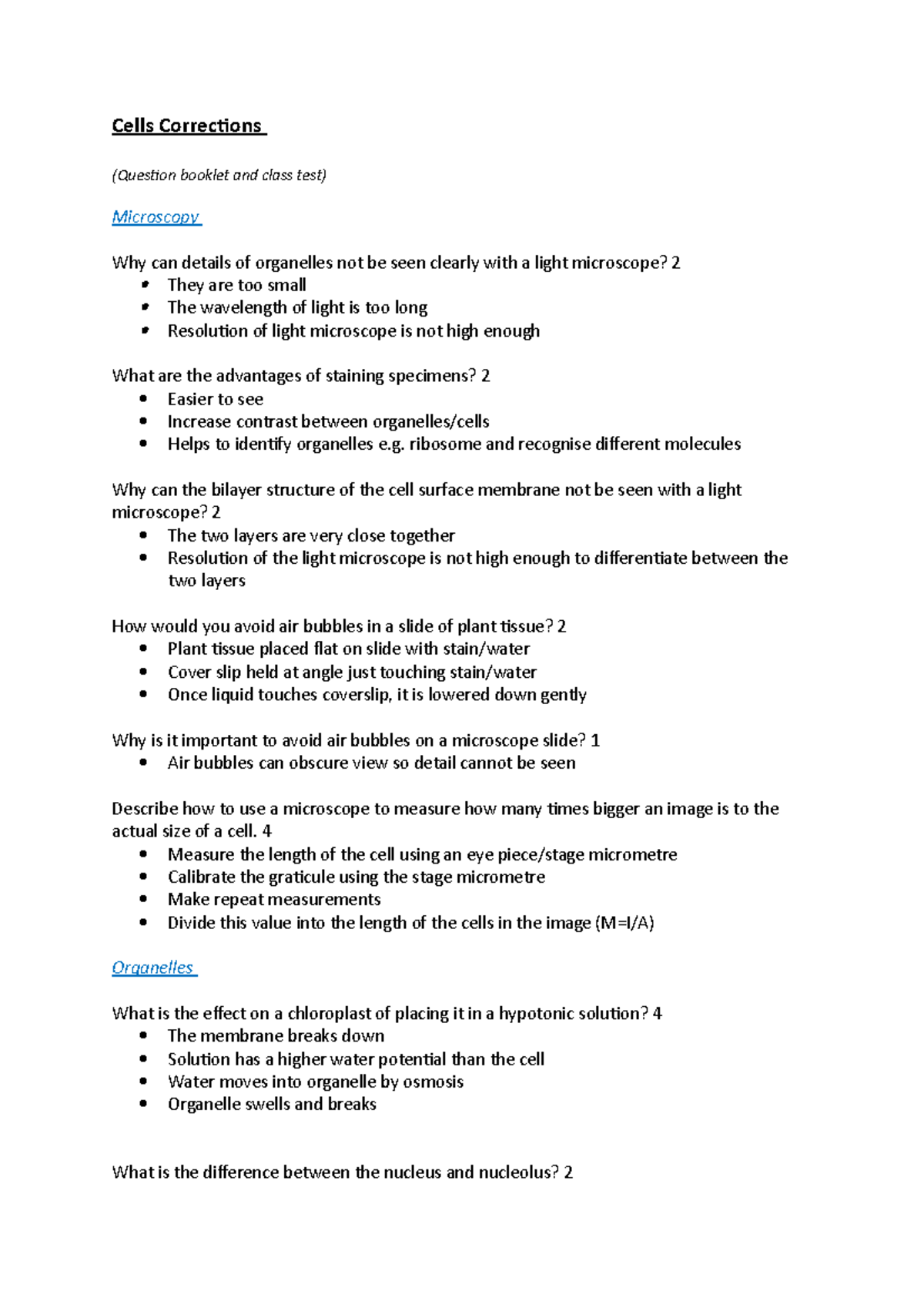 Cells Questions and Answers - Cells Corrections (Question booklet and ...